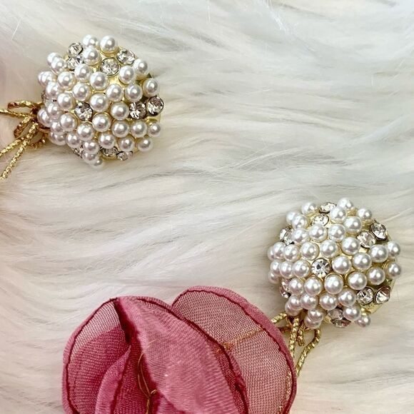 New mesh flower and pearl earrings(Silver Needle) - Picture 9 of 14